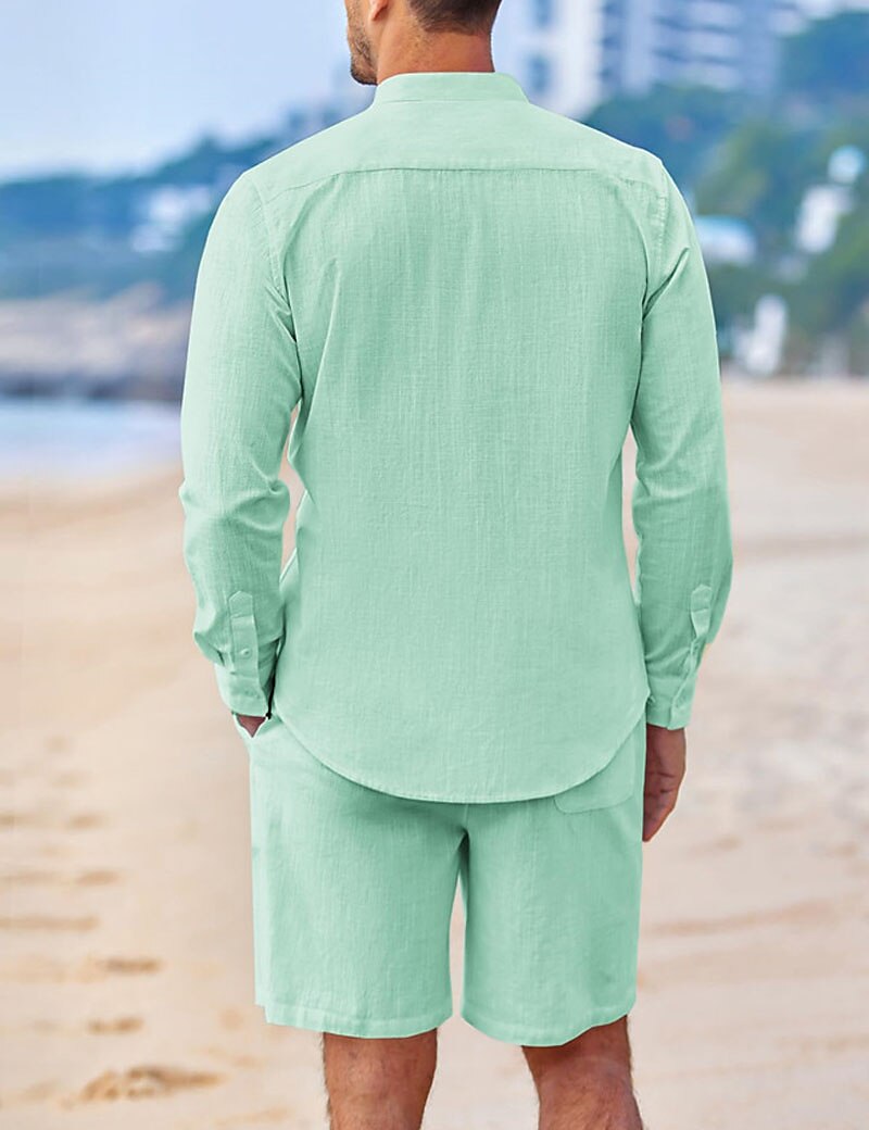 Herren Hemd mit chinesischem Kragen Hemd mit Stehkragen Zweiteilig Hemd Set Sommerhemd Freizeithemd Rosa Blau Grün Beige Grau Langarm Einfach Großvaterkragen Stehkragen Urlaub Täglich Fronttasche 2025 - $40.99 –P3