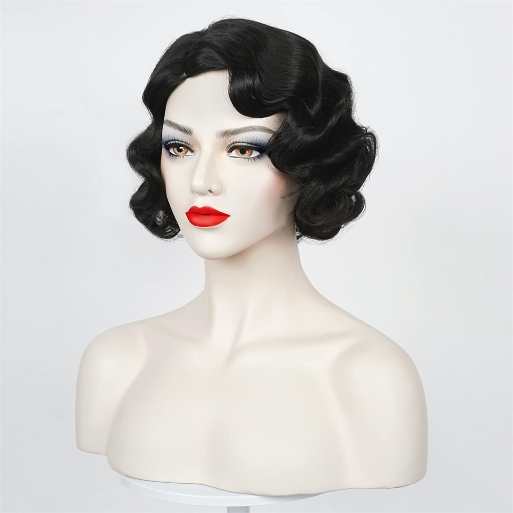 Peluca wave para mujeres negra peluca vintage flapper de los años 20 peluca corta y rizada disfraz de carnaval pelucas sintéticas Halloween 2025 - $17.49 –P3