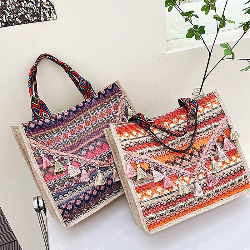 Women Handbags Large Capacity Linen Totes Lady Tassel Shoulder Bag