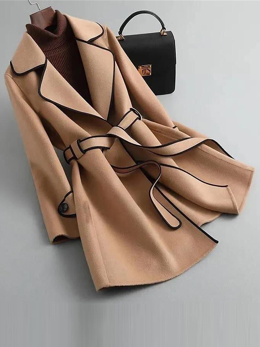 Women's Wool Blend Fall Long Pea Coat Fall Winter Maillard Lapel Collar Overcoat with Belt Thermal Warm Windproof  Stylish Contemporary Modern Style Jacket Long Sleeve Black Red Green Khaki 2023 - US $28.99 –P5