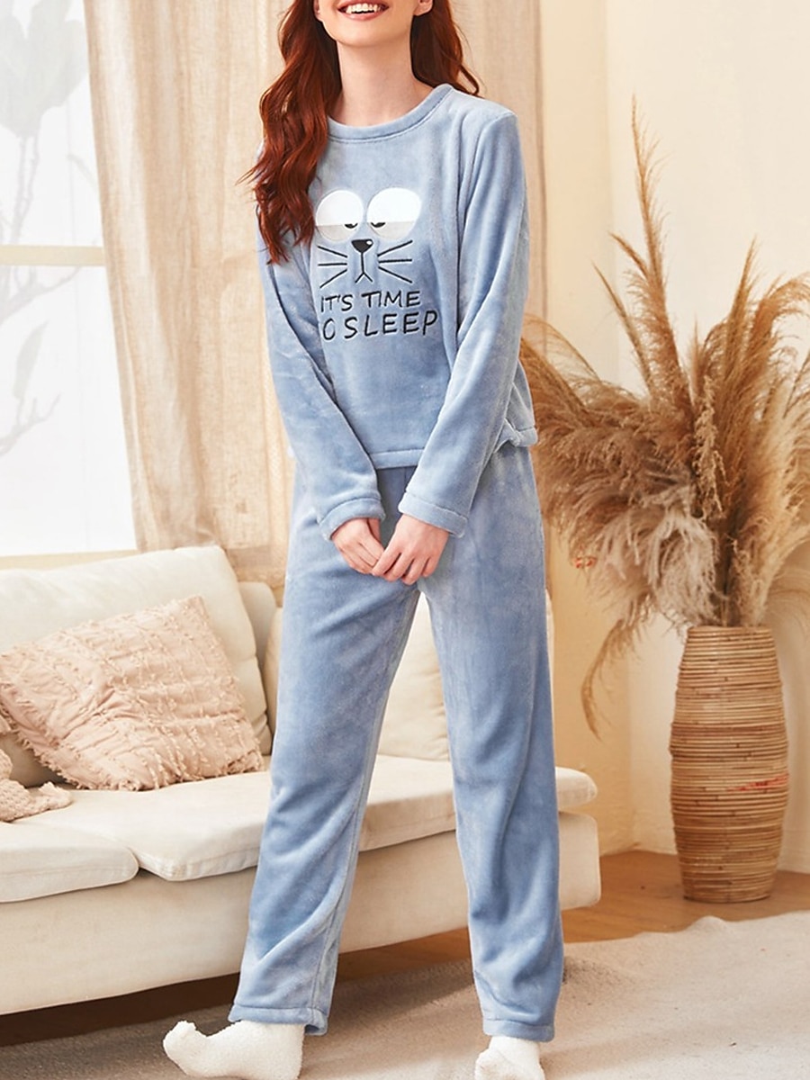 Women's Fleece Fuzzy Fluffy Fuzzy Warm Pajamas Sets Cartoon Cat