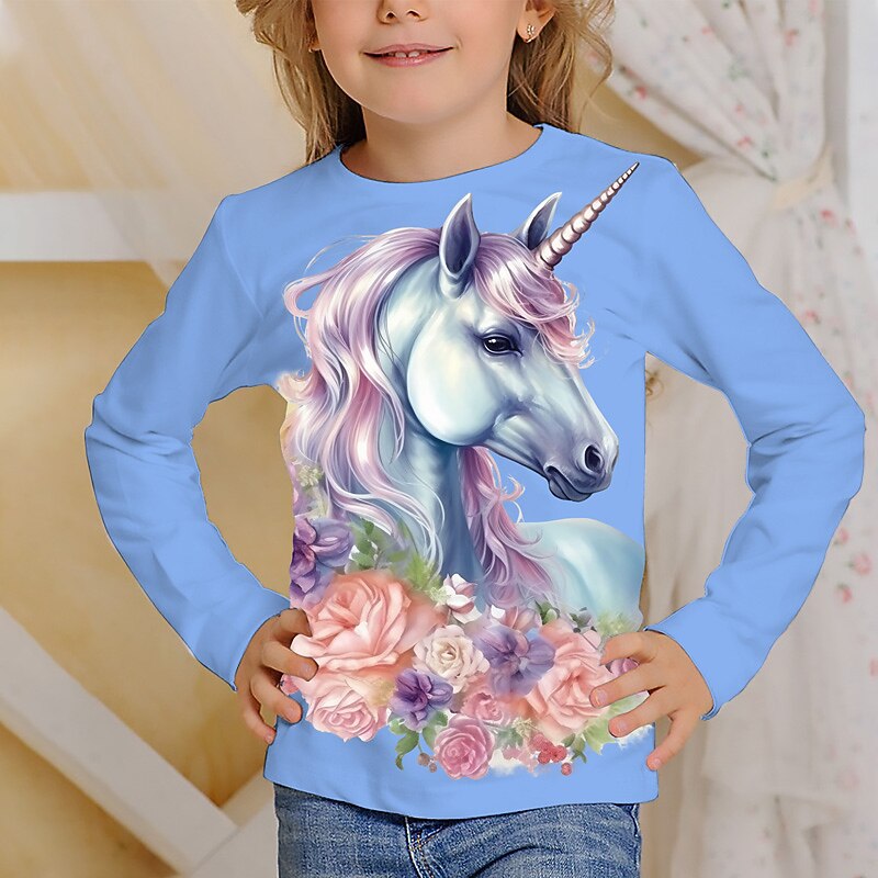 Flickor 3D Grafisk Tecknat Enhörnings T-shirt Långärmad 3D-tryck Sommar Vår Höst Aktiv Mode söt stil Barn 3-12 år Utomhus Ledigt Dagligen Normal 2025 - $13.99 –P9