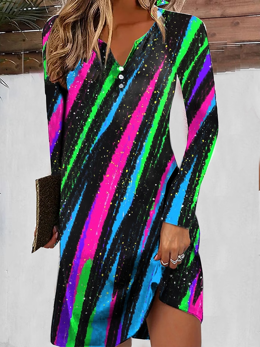 Mujer Mini Dress Stripe Button Print Split Neck Daily Date Long Sleeve Summer Spring 2025 - $25.99 –P4