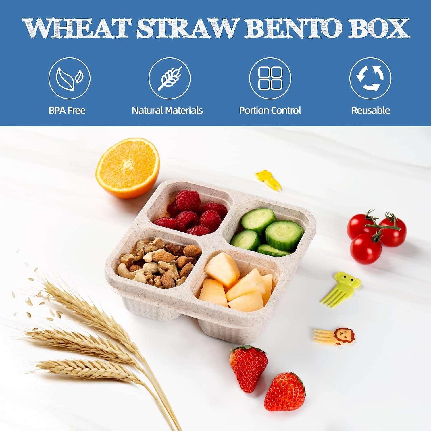 Bento Box, Wheat Straw Adult Lunch Box, 4-compartment Meal Prep