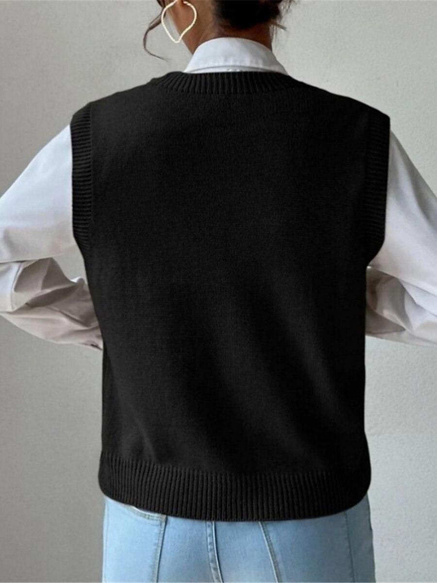 Women's Sweater Vest V Neck Cable Knit Acrylic Oversized Summer Fall Daily Going out Weekend Stylish Casual Soft Sleeveless Solid Color Black Khaki S M L 2023 - US $29.99 –P12