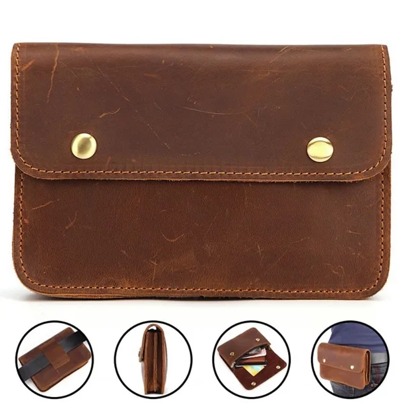 Men's Fanny Waist Bag Crazy Horse Genuine Leather Waist Packs Belt Loop Hip Hook Bum Bag Handmade Travel Small Phone Waist Pouch 2025 - $39.99 –P1