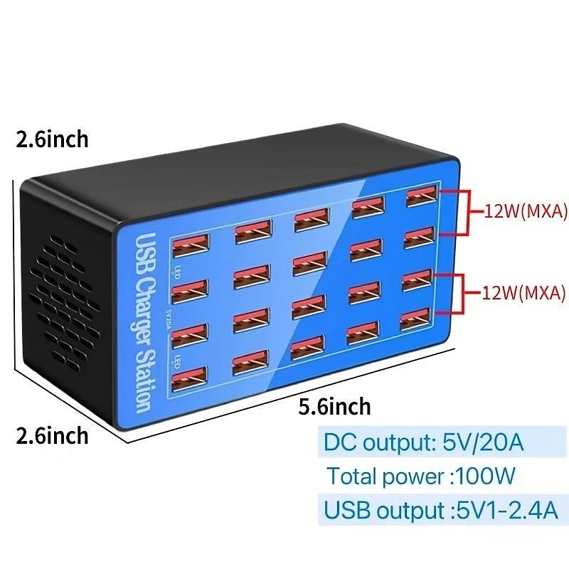 USB Charger Station 100W5V20A 20-Port Fast Charging Socket Multi-port Multi-function Universal Fast Adapter for Multiple Devices Smart Mobile Phone Tablet Laptop Computer Camera Headphone 2025 - $51.99 –P2