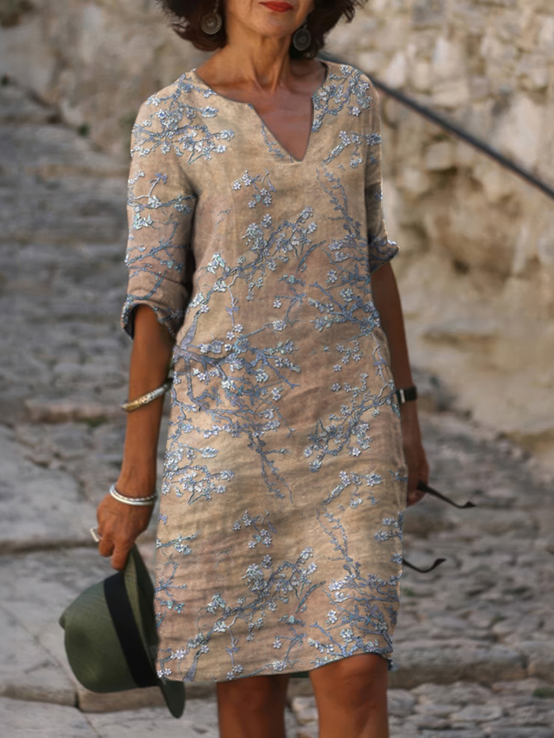 Robe midi femme robe décalée impression florale col échancré quotidienne rendez-vous manches courtes été printemps de 2025 ? $26.99 –P3