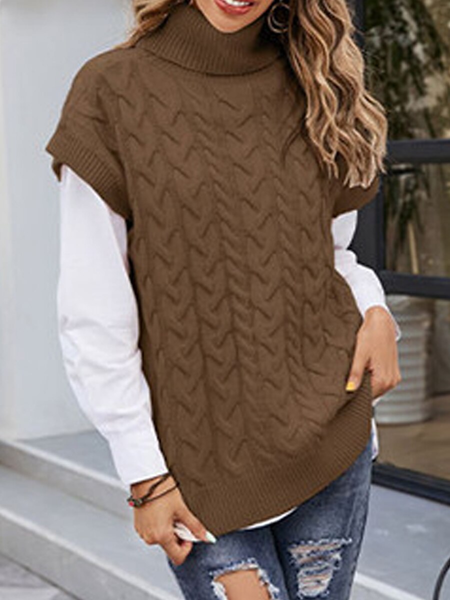 Women's Sweater Vest Turtleneck Ribbed Knit Acrylic Oversized Summer Fall Daily Going out Weekend Stylish Casual Soft Short Sleeves Solid Color Black Beige Coffee S M L 2023 - US $24.99 –P18