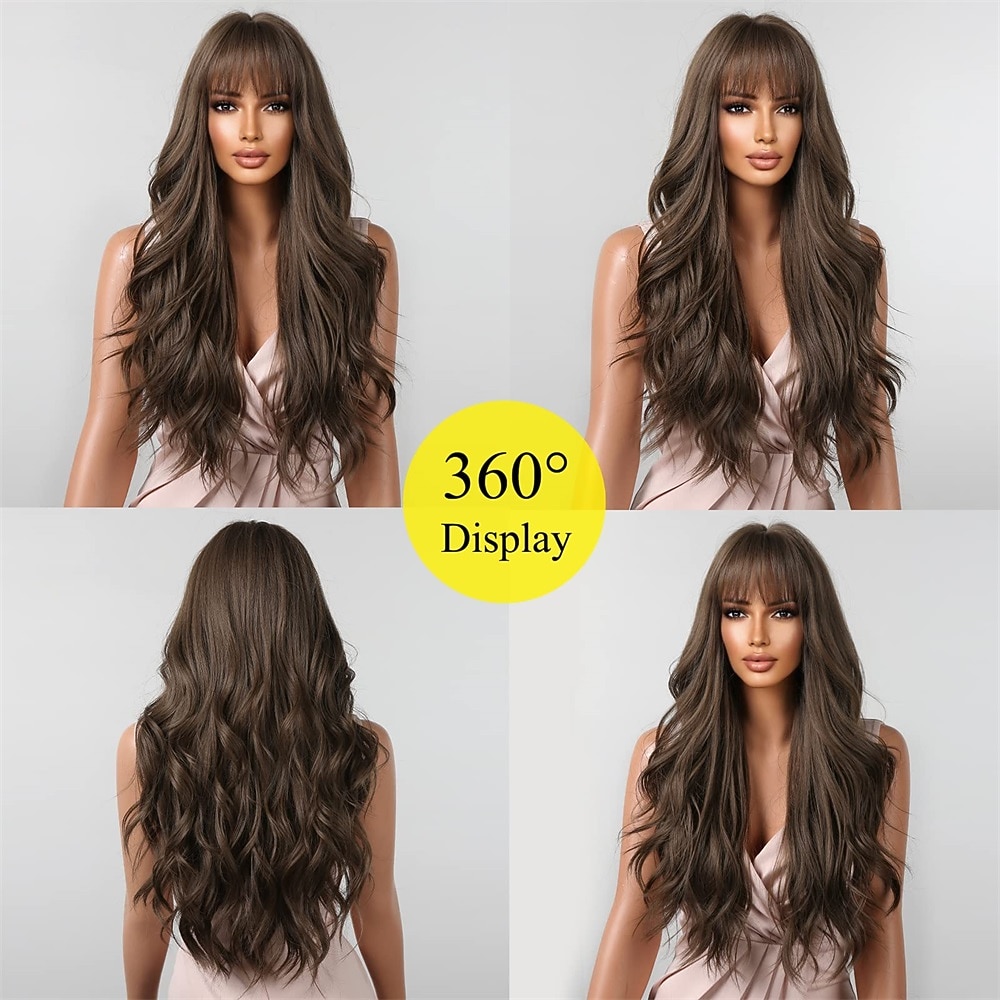 chocoladebruine pruiken voor vrouwen cosplay lang krullend pruik met pony natuurlijk golvend partij synthetisch haar 2025 - $32.99 –P16