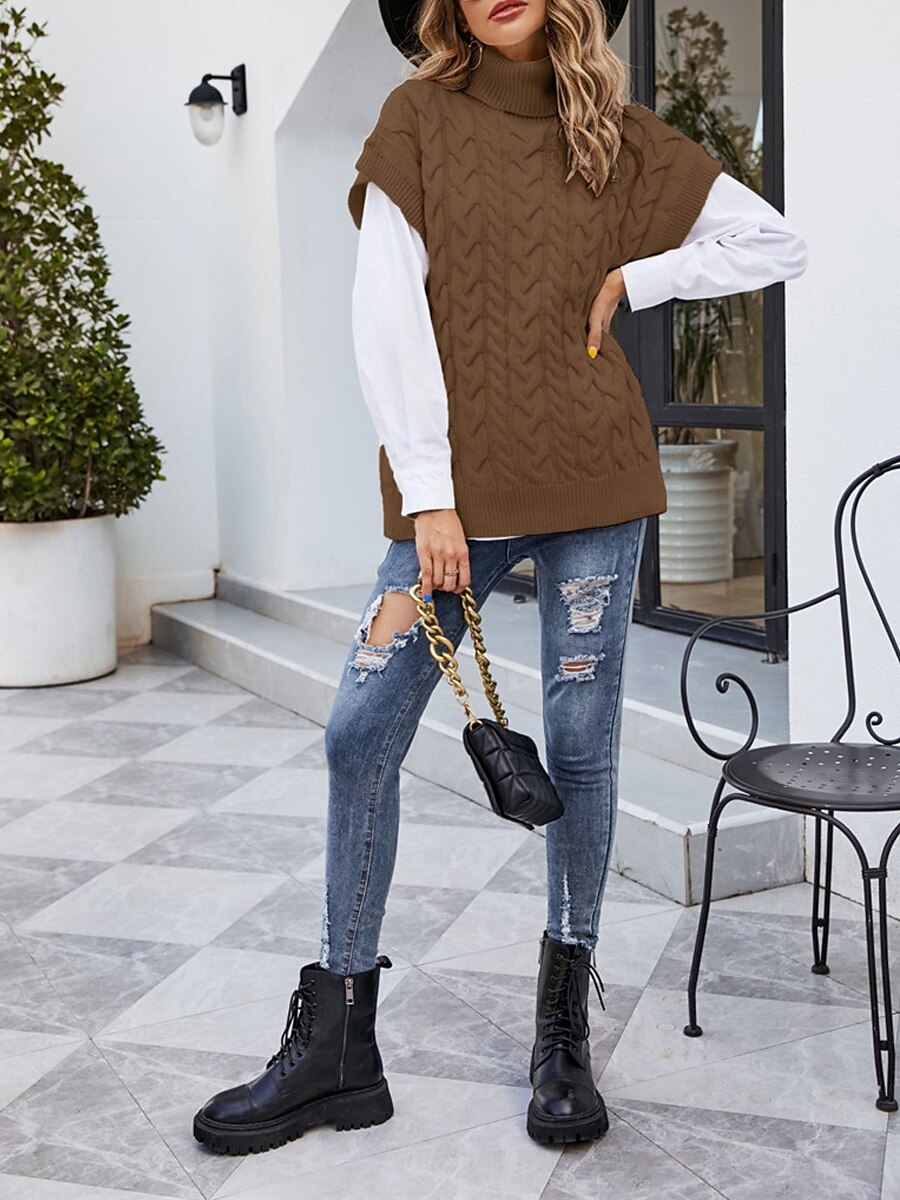 Women's Sweater Vest Turtleneck Ribbed Knit Acrylic Oversized Summer Fall Daily Going out Weekend Stylish Casual Soft Short Sleeves Solid Color Black Beige Coffee S M L 2023 - US $24.99 –P3