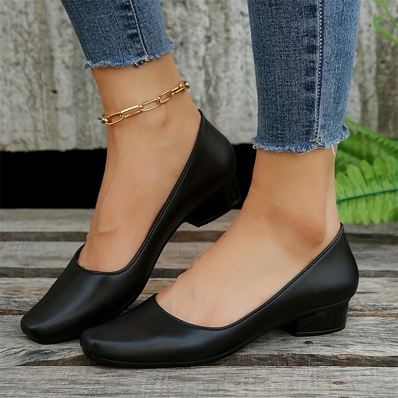 Zapatos negros de tacón bajo para mujer: zapatos clásicos sin cordones con punta redonda para la oficina, el trabajo y ocasiones formales. 2026 - $18.99 –P2