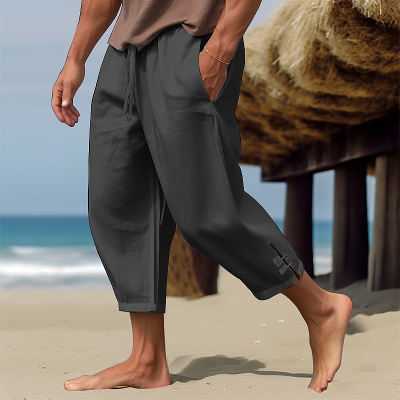 Men's Cropped Capri Trousers Lightweight Summer Beach Yoga Pants Straight  Leg Loose Solid Casual Roll Up Pants Stretch Drawstring Pull-On Paper Bag