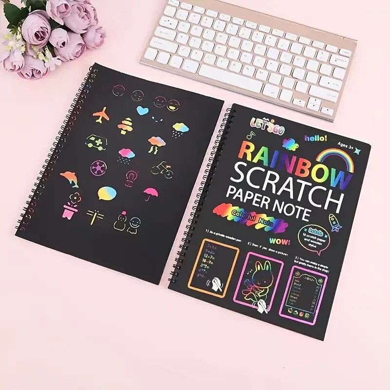 12 hojas de cuadernos para rascar arcoíris, suministros para manualidades, juego de papel de dibujo a color para niños, juego de cumpleaños, recuerdo de fiesta, festival, actividad de Pascua, juguete 2025 - $21.99 –P7