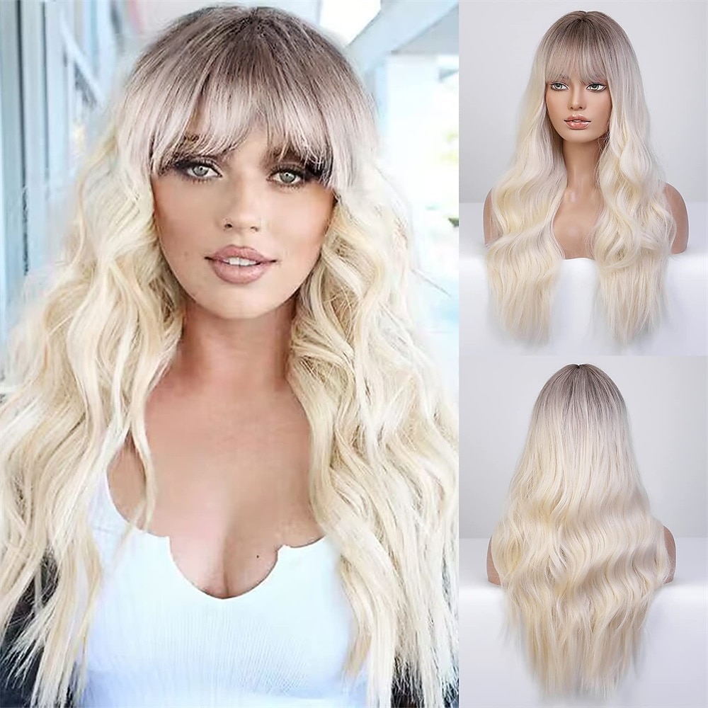 parrucca bionda ombre lunga dritta con frangia radice scura capelli lunghi con frangia aspetto naturale parrucca sintetica resistente al calore festa di gioco quotidiana adatta a donne alla moda 20 del 2025 a $31.99 –P3