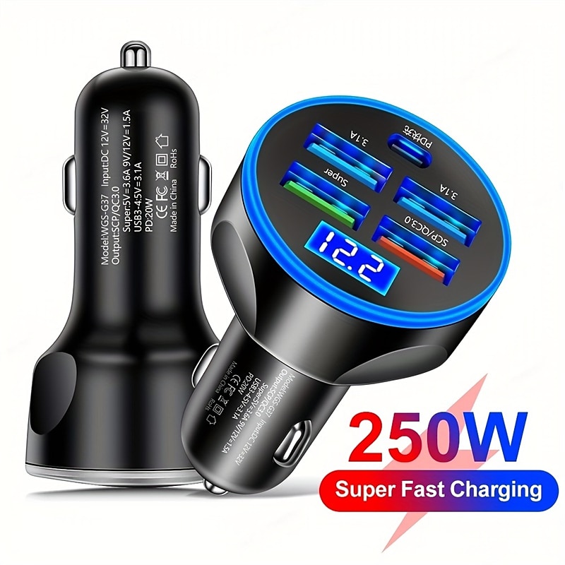 250w pd usb автомобильное зарядное устройство быстрая зарядка типа c usb телефонный адаптер в автомобиле для автомобильного быстрого зарядного устройства 2025 - $12.99 –P1