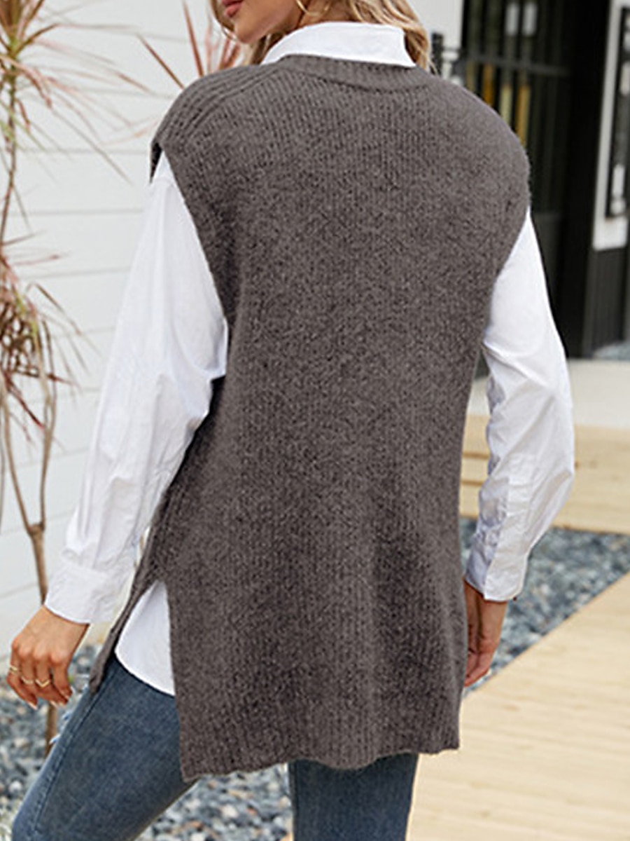 Women's Sweater Vest V Neck Ribbed Knit Polyester Split Summer Fall Daily Going out Weekend Stylish Casual Soft Sleeveless Solid Color Black Gray S M L 2023 - US $27.99 –P12