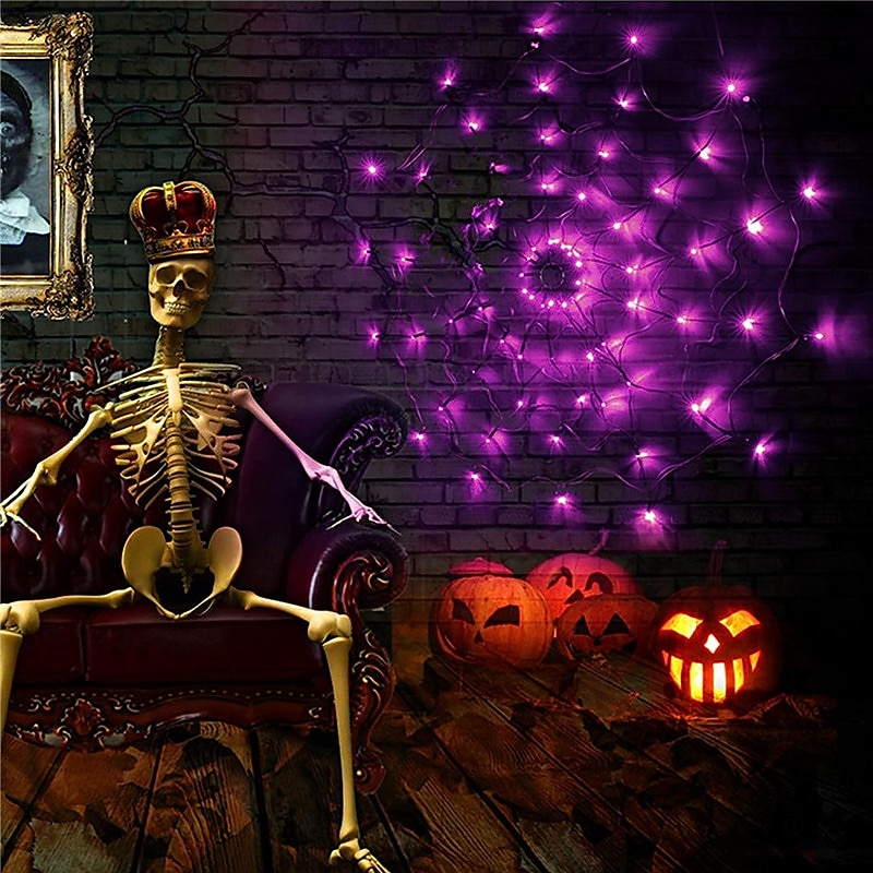 Luzes de teia de aranha de Halloween 60 LED com aranha preta à prova d'água luzes de rede roxas controle remoto alimentado por USB 8 modos teia de aranha para decoração de quintal de festa iluminação de 2025 por $23.99 –P4