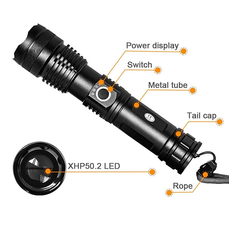 NEW High Power LED Flashlight XHP50Super Bright Usb Rechargeable Torch 18650 Zoom Powerful Flash Light Hunting Lantern （no battery） 2025 - $22.99 –P8