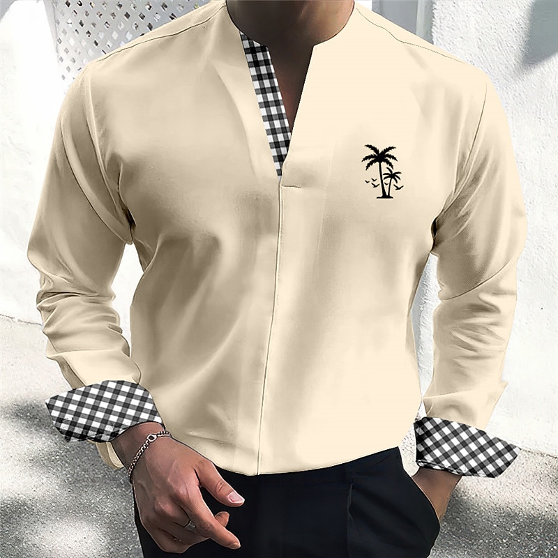 Herren Kokosnussbaum Plaid / Karomuster Tropische Pflanzen Hemd Hawaiihemd Sommerhemd Langarm Hemd V Ausschnitt Modisch Strassenmode Designer Outdoor Strasse Casual Weiß Blau Grün S M L 2025 - $26.99 –P7