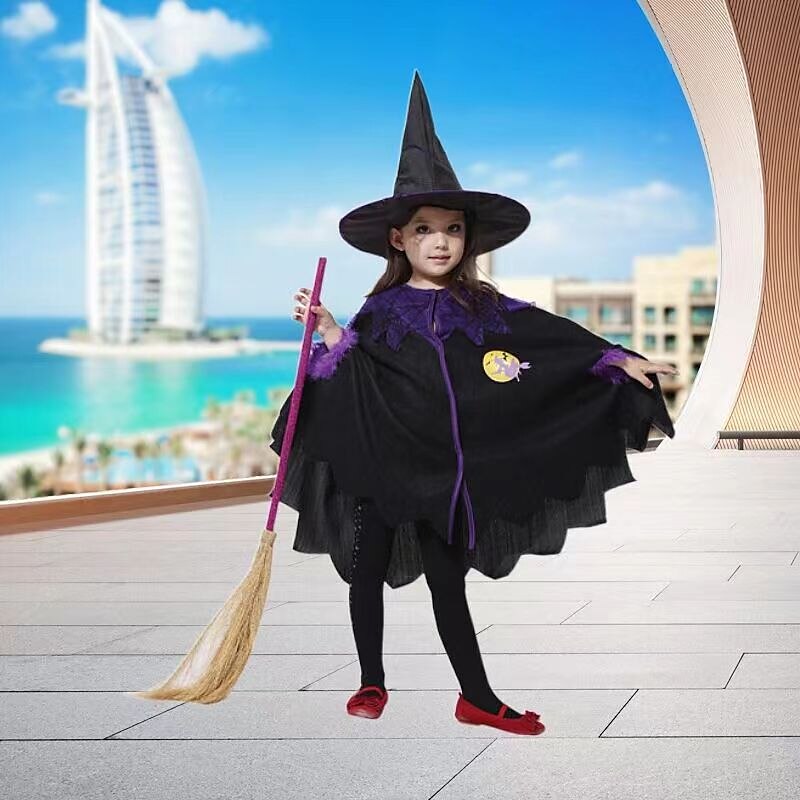 3-12years Halloween Cosplay Children Full Sleeve Tiered Witch Ghost Vampire  Dress For Girls Masquerade Party Stage Play Costumes