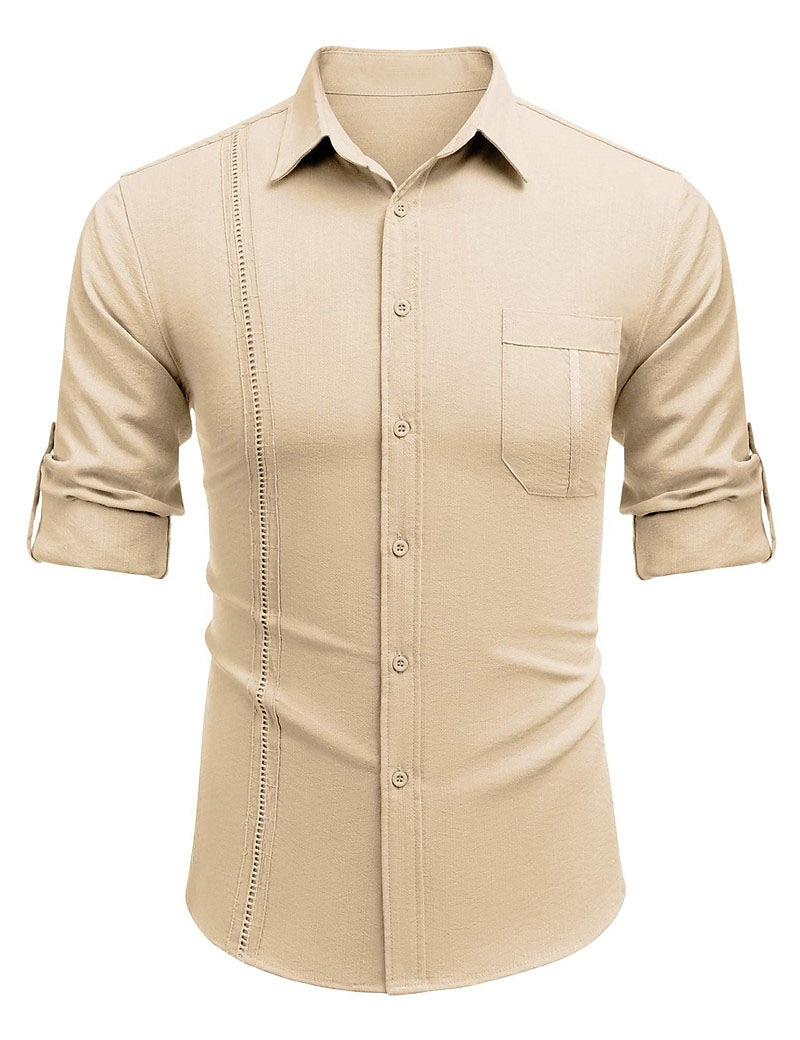 Men's Shirt Guayabera Shirt Linen Shirt Button Up Shirt Summer Shirt Beach Shirt Black White Navy Blue Long Sleeve Plain Turndown Spring & Summer Casual Daily Clothing Apparel Patchwork 2026 - $25.99 –P17