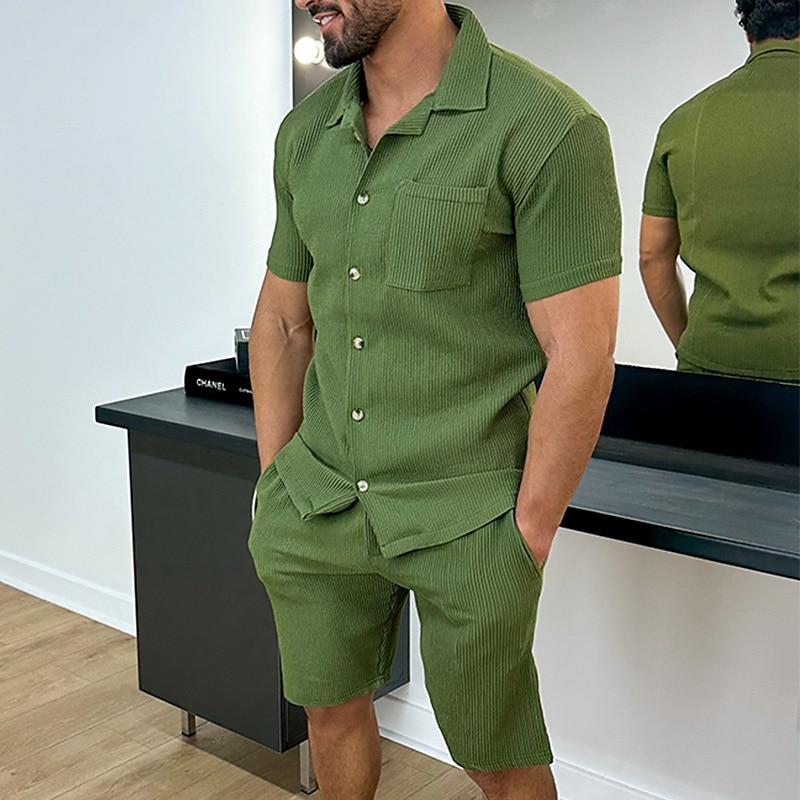 Men's 2 Piece Shirt Set Button Up Shirt Casual Shirt Summer Shirt Black White Green Army Green Short Sleeve Plain Camp Collar Daily Vacation Front Pocket Clothing Apparel Fashion Casual Comfortable 2024 - $44.99 –P2