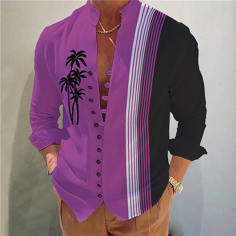 Men's Coconut Tree Striped Tropical Plants Shirt Summer Hawaiian Shirt Aloha Shirt Long Sleeve Shirt Stand Collar Fashion Streetwear Designer Outdoor Street Casual Light Green Light Brown Blue S M L 2025 - $26.99 –P4