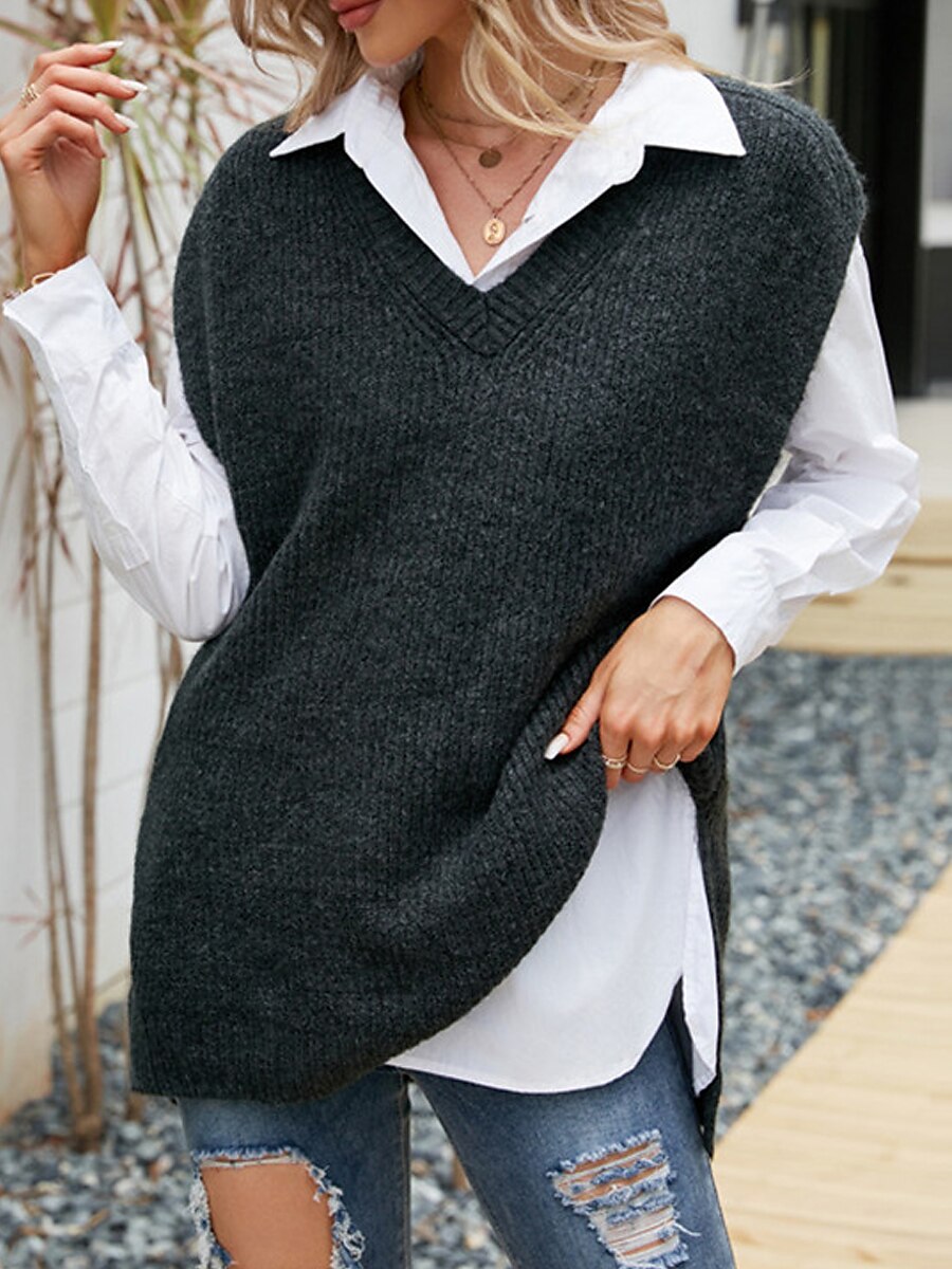 Women's Sweater Vest V Neck Ribbed Knit Polyester Split Summer Fall Daily Going out Weekend Stylish Casual Soft Sleeveless Solid Color Black Gray S M L 2023 - US $27.99 –P3