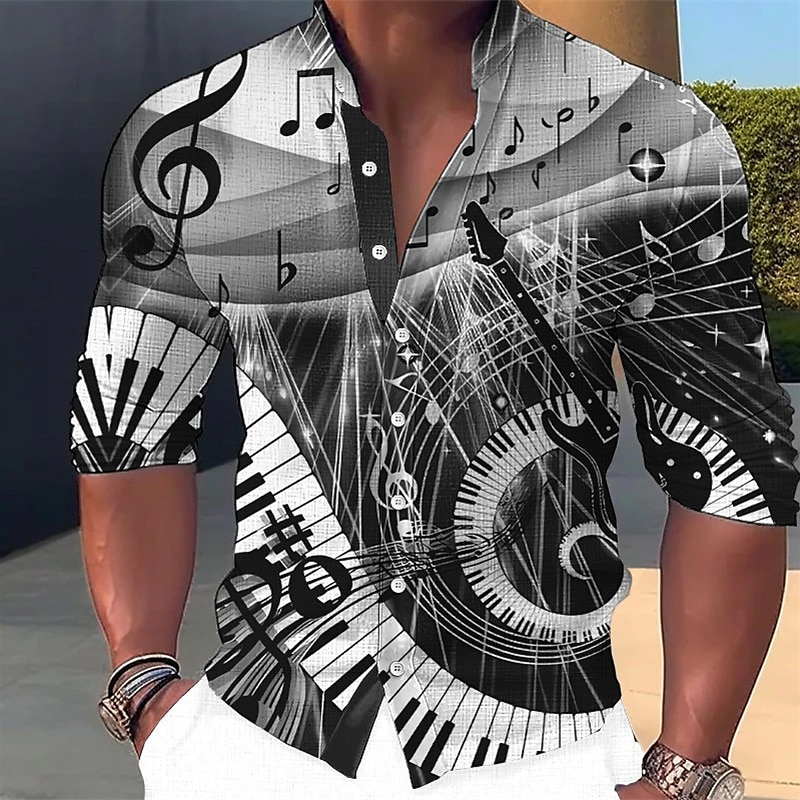 Men's Boardmasters Music Notes Shirt Button Up Shirt Long Sleeve Fashion Streetwear Designer Casual Daily Outdoor Summer Spring Fall Stand Collar Print Blue Yellow Purple Green Gray 2026 - $28.99 –P5