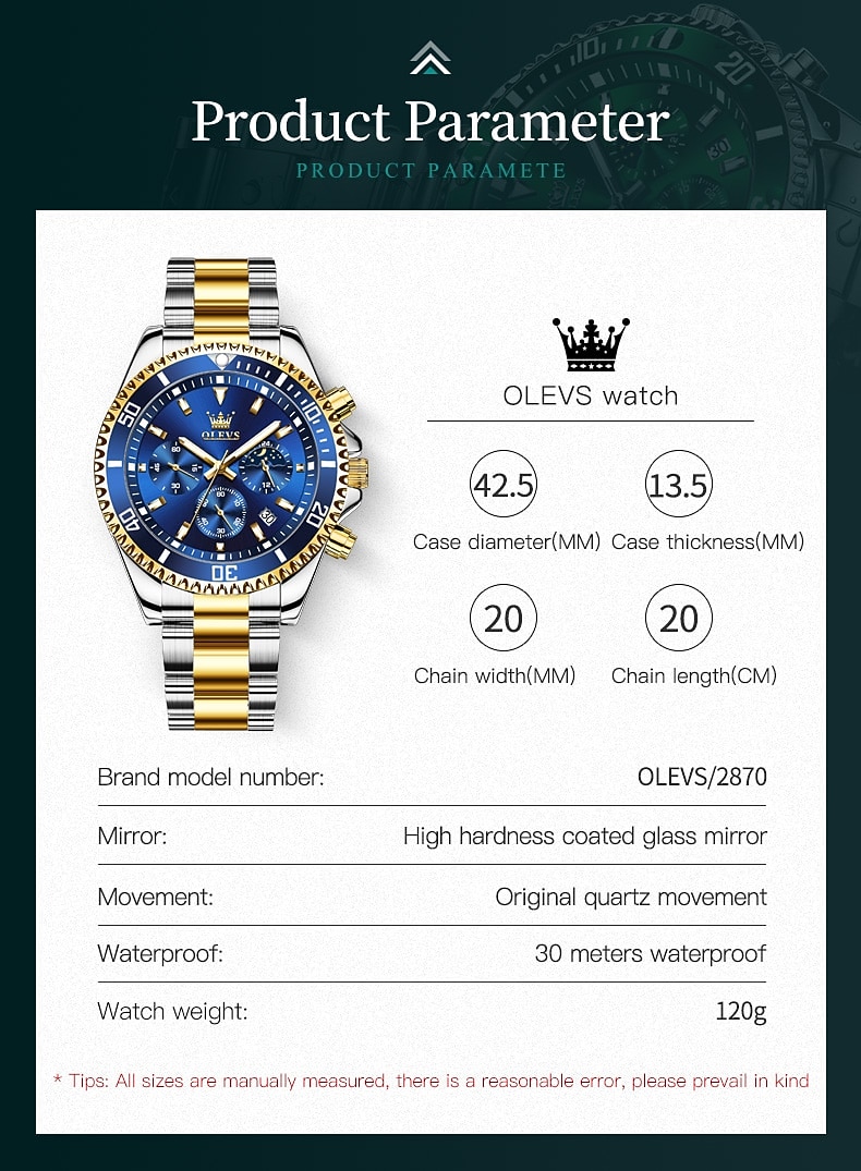OLEVS Heren Quartz horloges Luxe Grote wijzerplaat Modieus Zakelijk Weergave maanfase Lichtgevend Kalender WATERDICHT Legering Horloge 2025 - $29.99 –P8
