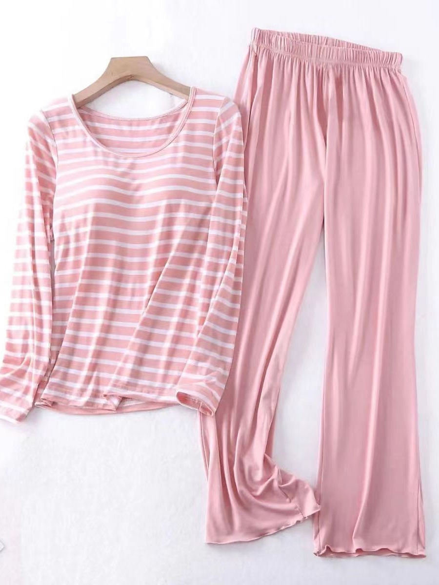 Women's Loungewear Sets 2 Pieces Stripe Fashion Casual Comfort Street Daily Date Polyester Breathable Crew Neck Long Sleeve Pant Summer Spring Black Pink 2024 - HK $222.27 –P9