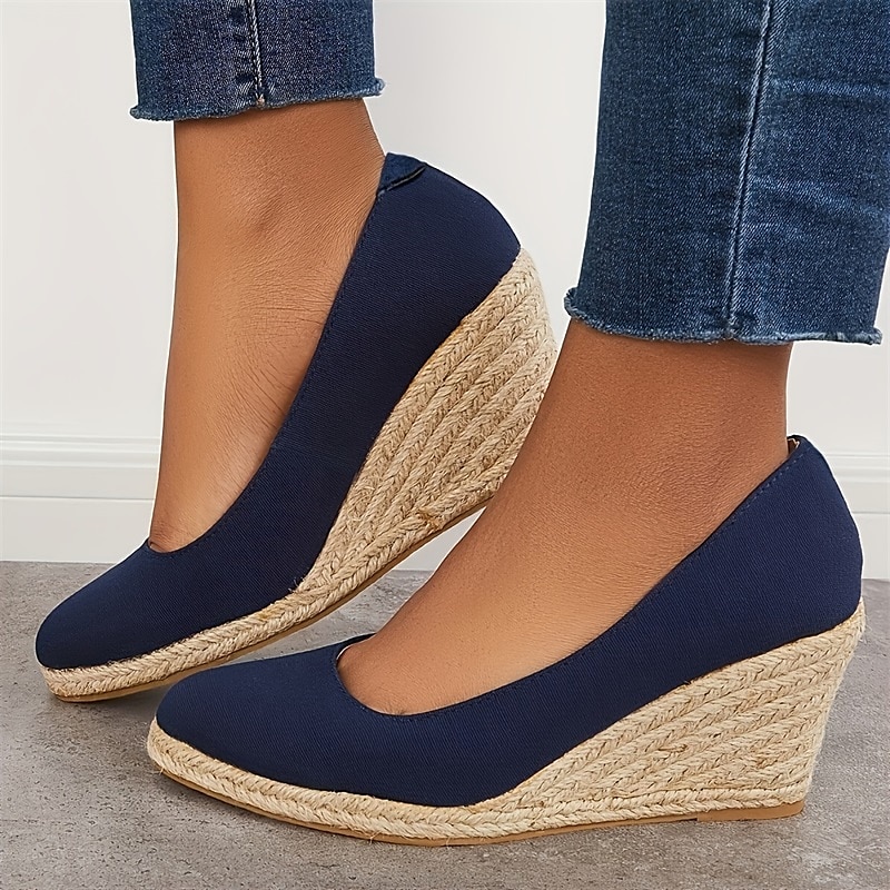 pantofi cu pană din pânză neagră de damă – pantofi cu platformă espadrile cu talpă împletită din iută pentru ținute casual de vară, vacanțe la plajă și ținute de zi cu zi 2025 - $46.99 –P4