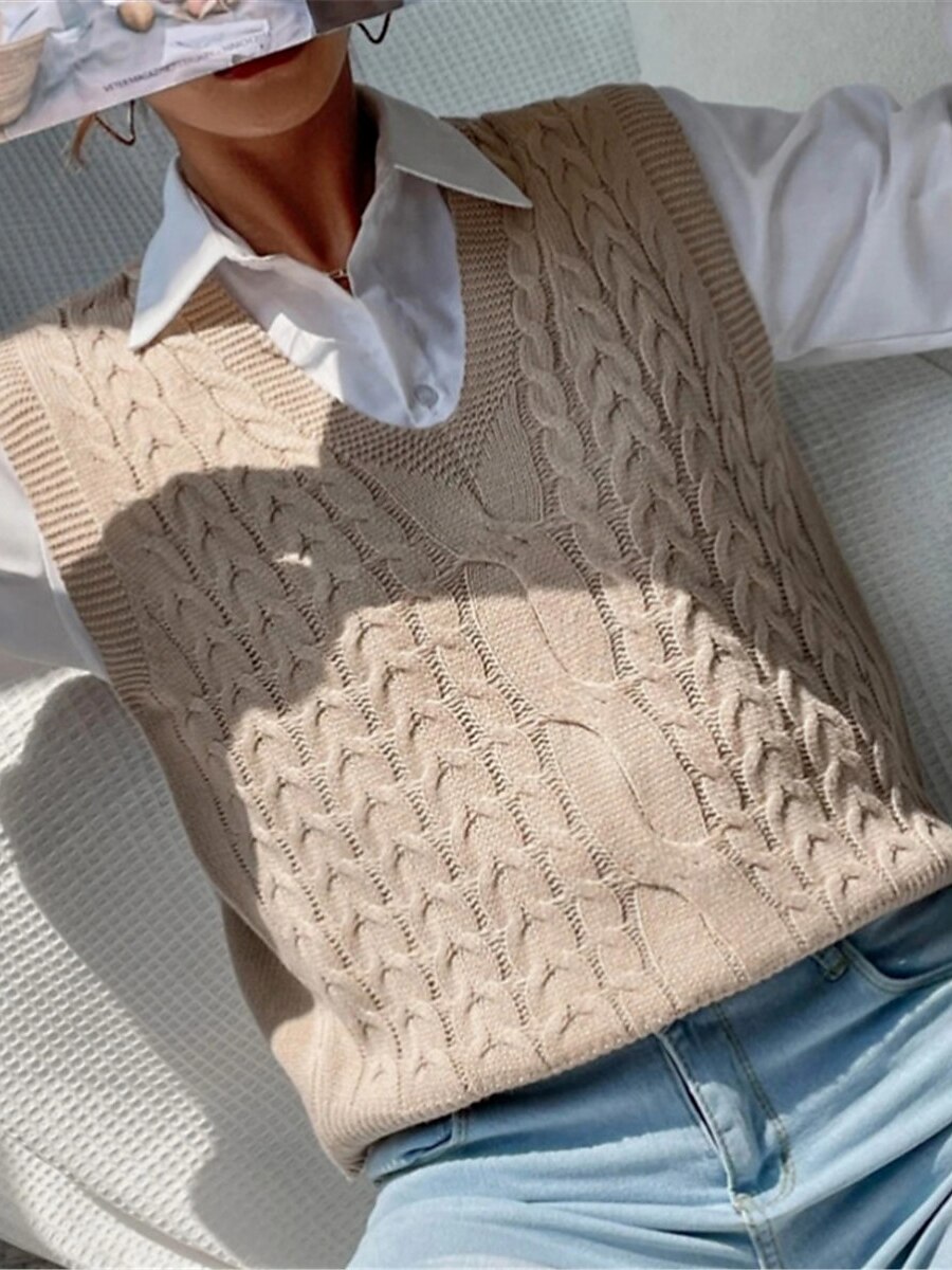 Women's Sweater Vest V Neck Cable Knit Acrylic Oversized Summer Fall Daily Going out Weekend Stylish Casual Soft Sleeveless Solid Color Black Khaki S M L 2023 - US $29.99 –P1