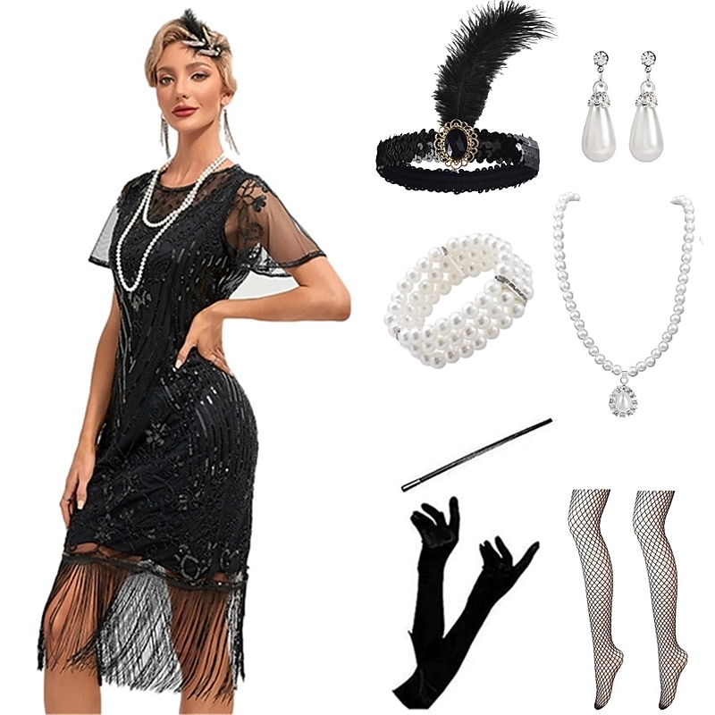 Řvoucí 20s Retro Velký Gatsby Krátká délka Úbory Kostým na Večírek Maškarní Iluze Velký Gatsby Svatební host Flitry Třásně Flitry Třásně Kulatý Maškarní kostým Dámské předvečer Všech svatých Karneval 2025 - $53.99 –P6