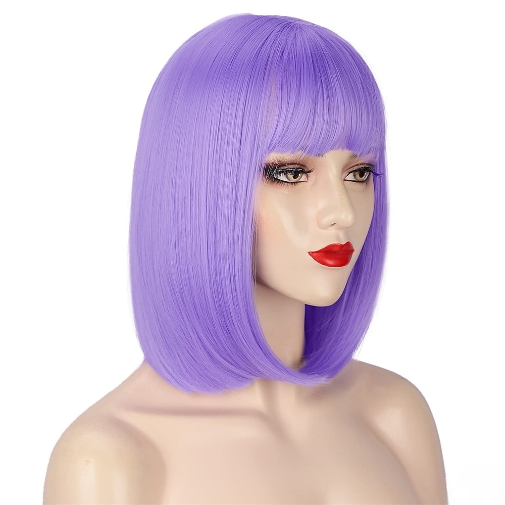 Peruca Roxa com Franja Peruca Bob Curta e Lisa para Mulheres 12 Polegadas Peruca Sintética Colorida de Festa Perucas de Halloween de 2026 por $18.49 –P14