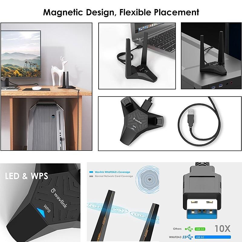 AC1300 USB3.0 Desktop Laptop WiFi Adapter,Dual Band Usb Network Card for PC,High Speed USB Wifi Dongle with Magnetic Dock,usb Wifi Signal Booster 2025 - $52.99 –P10