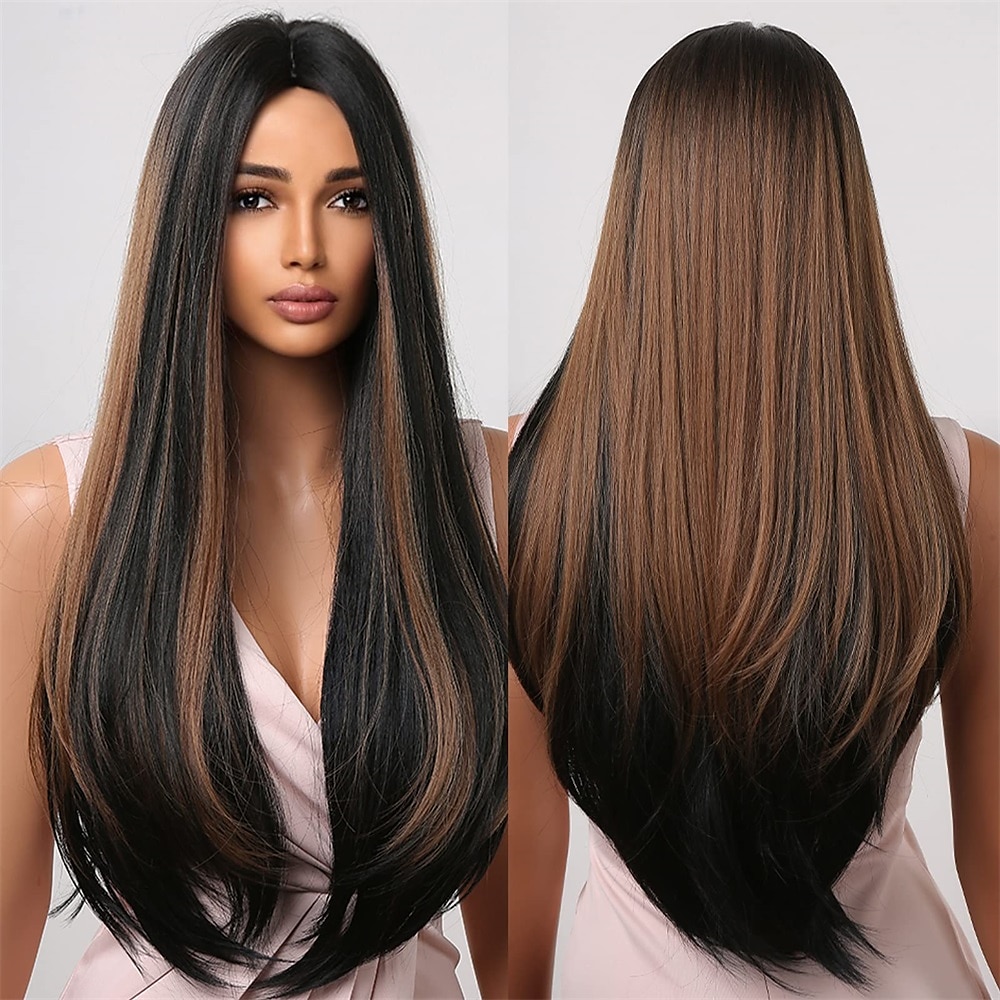 parrucche castane per donna parrucca sintetica a strati lunghi e lisci capelli naturali parte centrale del 2025 a $31.99 –P2