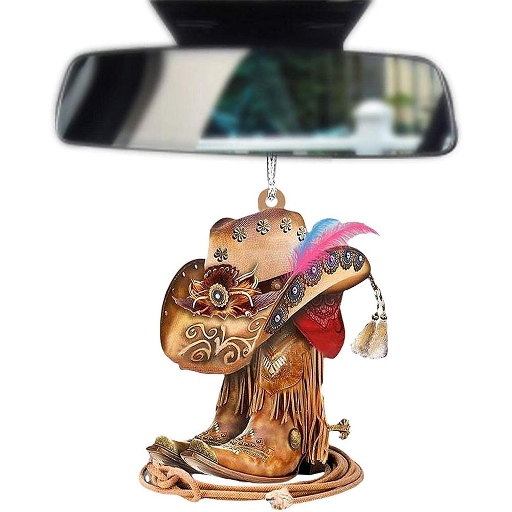 Car Rear View Mirror Hanging Accessories - Cowboy Boots, Cowboy Hat, and Saddle Keychain Ornament for Car Decoration 2025 - $11.99 –P4