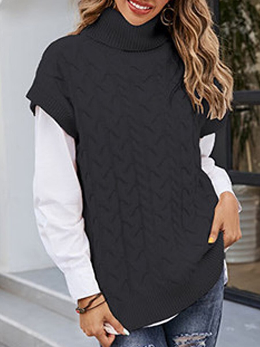 Women's Sweater Vest Turtleneck Ribbed Knit Acrylic Oversized Summer Fall Daily Going out Weekend Stylish Casual Soft Short Sleeves Solid Color Black Beige Coffee S M L 2023 - US $24.99 –P11