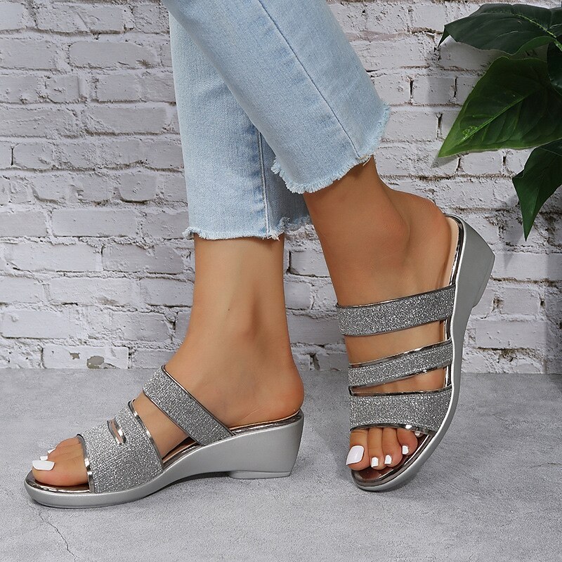 Women's Sandals Slippers Mules Wedge Sandals Outdoor Slippers Wedding Party Outdoor Solid Color Summer Sequin Wedge Heel Elegant Fashion Luxurious PU Loafer Silver Gold 2023 - AED 94.99 –P2