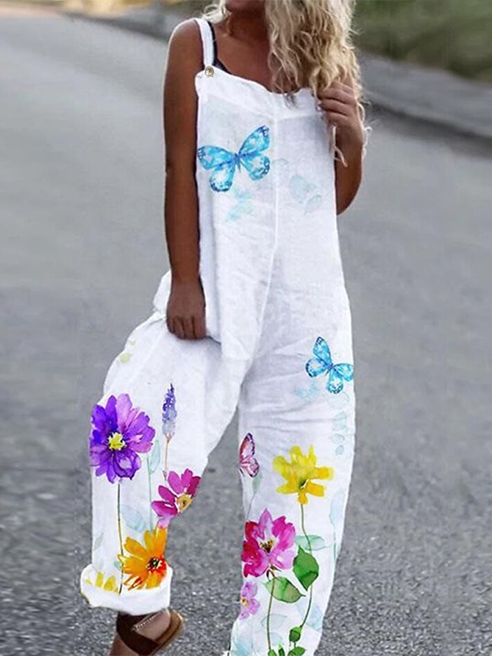 Mulheres Normal Macacão Roupa de rua Floral Sem Manga Perna larga Gola Redonda Imprimir Férias Rua Ajuste Largo Branco Rosa Azul Verão de 2025 por $26.99 -P1