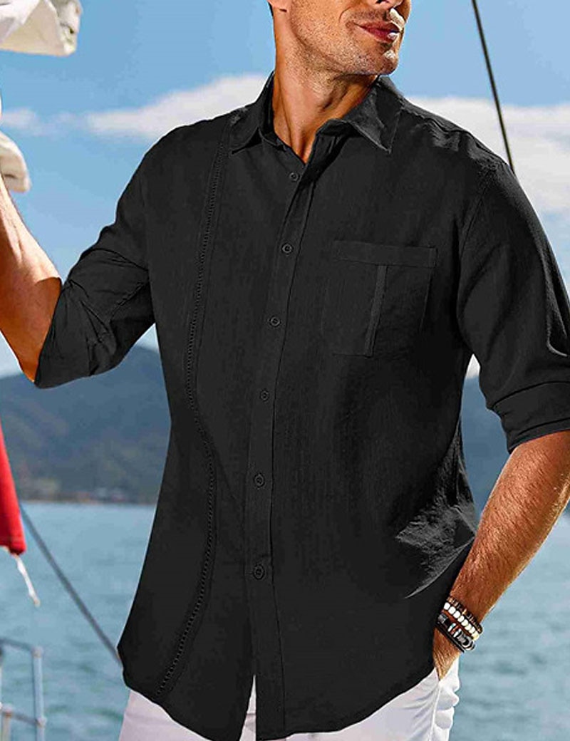 Men's Shirt Guayabera Shirt Linen Shirt Button Up Shirt Summer Shirt Beach Shirt Black White Navy Blue Long Sleeve Plain Turndown Spring & Summer Casual Daily Clothing Apparel Patchwork 2026 - $25.99 –P12