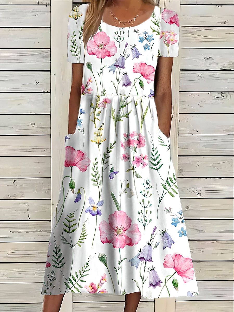 Robe midi femme impression à fleurs avec poches col rond quotidienne rendez-vous manches courtes été printemps de 2025 ? $46.99 –P3