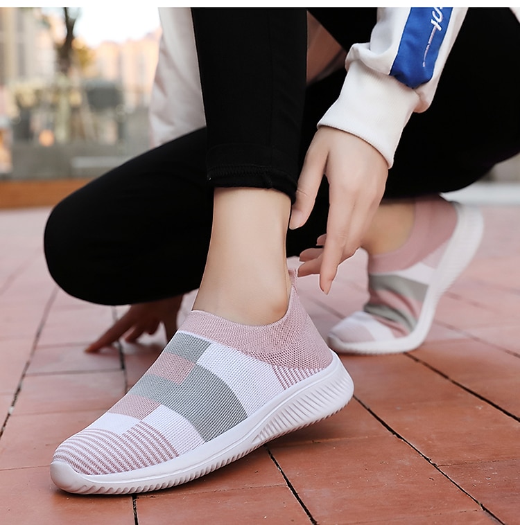 pantofi sport de damă cu slip-on, respirabili, cu dungi roz și gri - pantofi confortabili de mers 2025 - $24.99 –P2