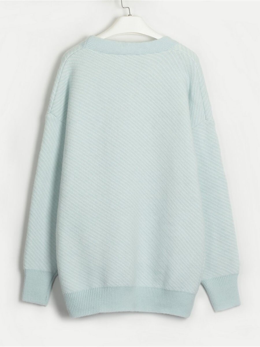 Women's Cardigan Sweater V Neck Ribbed Knit Acrylic Polyester Button Print Summer Fall Long Outdoor Daily Going out Stylish Casual Soft Long Sleeve Striped White Camel Light Blue One-Size 2023 - US $43.99 –P17
