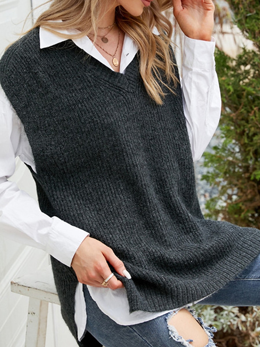 Women's Sweater Vest V Neck Ribbed Knit Polyester Split Summer Fall Daily Going out Weekend Stylish Casual Soft Sleeveless Solid Color Black Gray S M L 2023 - US $27.99 –P10