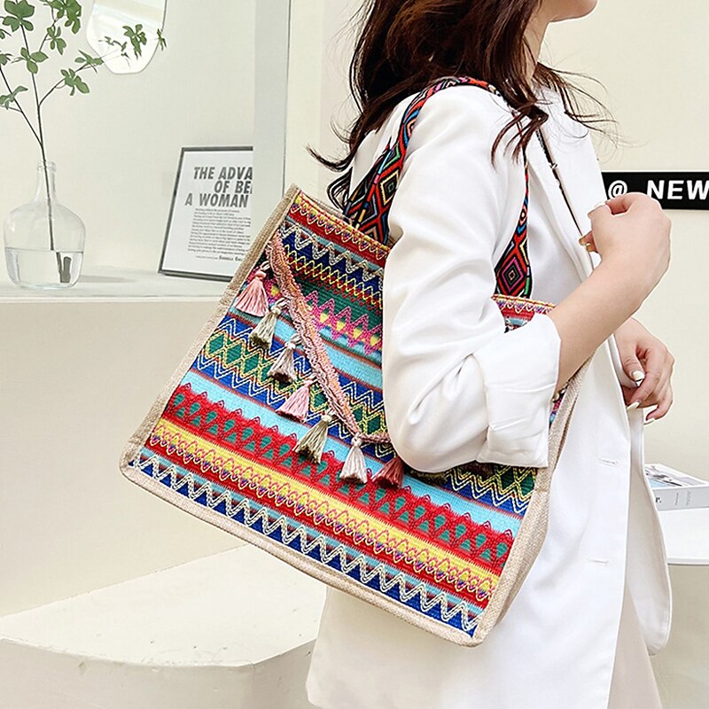 Women Handbags Large Capacity Linen Totes Lady Tassel Shoulder Bag