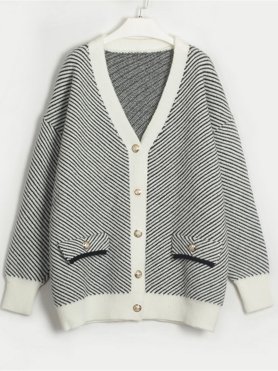 Women's Cardigan Sweater V Neck Ribbed Knit Acrylic Polyester Button Print Summer Fall Long Outdoor Daily Going out Stylish Casual Soft Long Sleeve Striped White Camel Light Blue One-Size 2023 - US $43.99 –P9