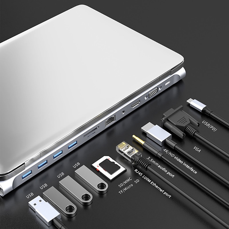 11 in 1 Type C Dock USB Hub 3.0 Splitter Multiport Adapter 4K HDMI-compatible RJ45 SD/TF VGA PD for MacBook iPad Laptop 2025 - $78.99 –P3